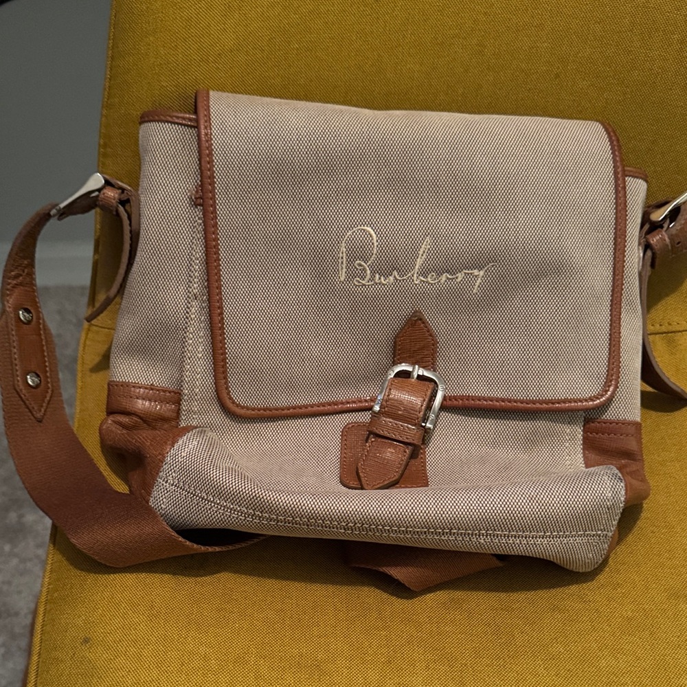 Burberry Beige Canvas Messenger Bag with Brown Leather Trim